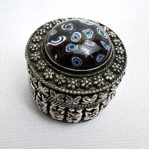 Ornate Vintage Silver Metal Pill Trinket Box Floral Design Evil Eye Cabochon Lid